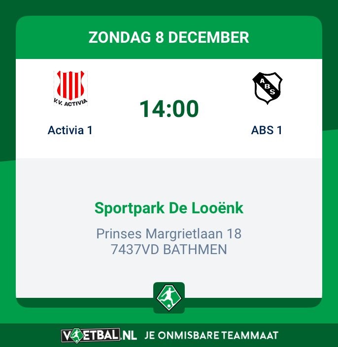 Let op! Activia 1 - ABS 1 wordt gespeeld in Bathmen