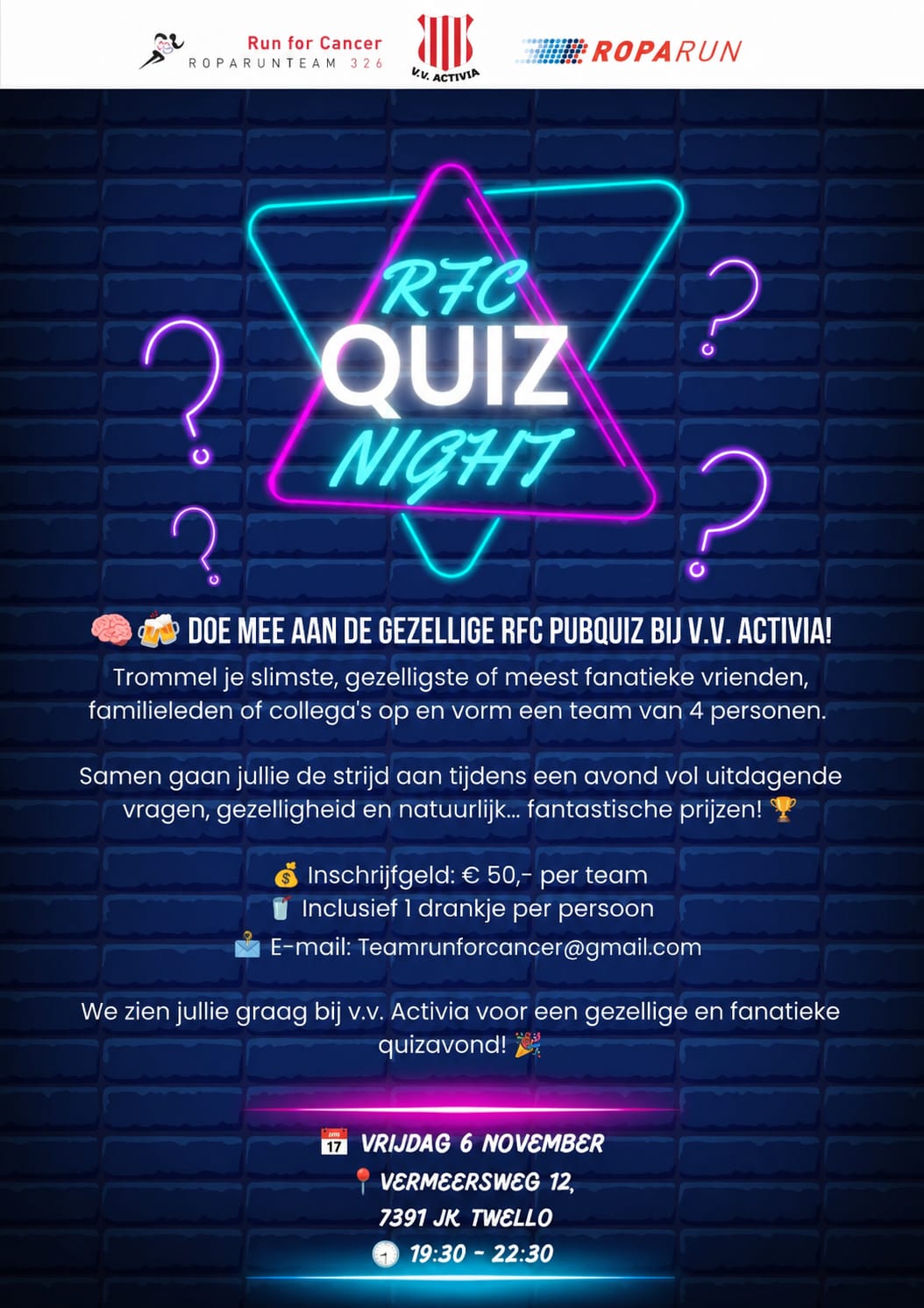 Run for Cancer Pubquiz bij Activia: stel je team samen en doe mee!